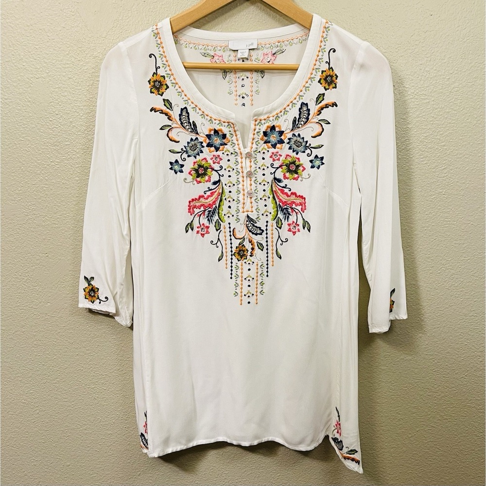 J Jill Floral Embroidery Summer Tunic 3/4 Sleeve Boho Botanical Size XS Petite‎